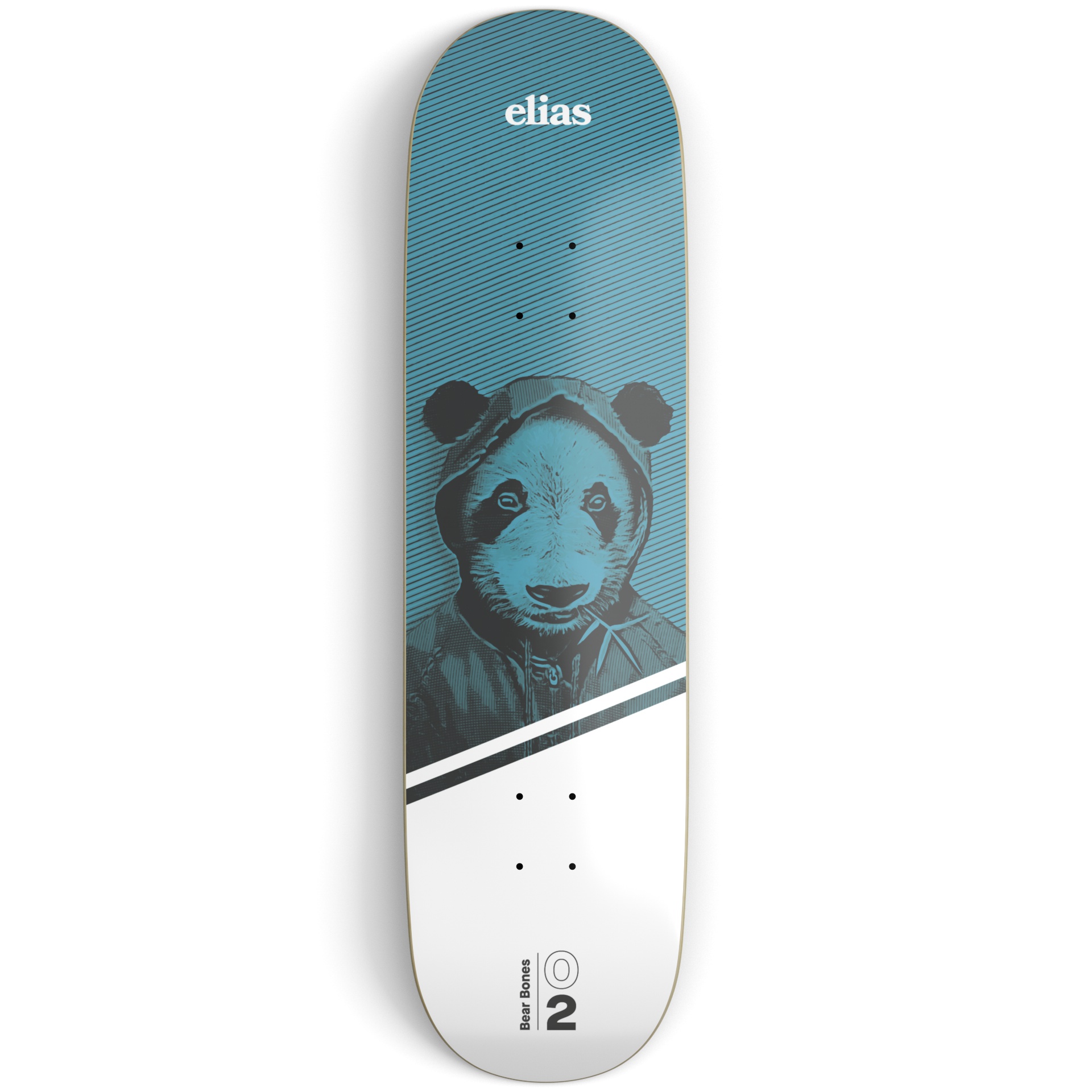 Blue and white skateboard deck on a light grey surface printed with an illustration of a panda bear and white and black text