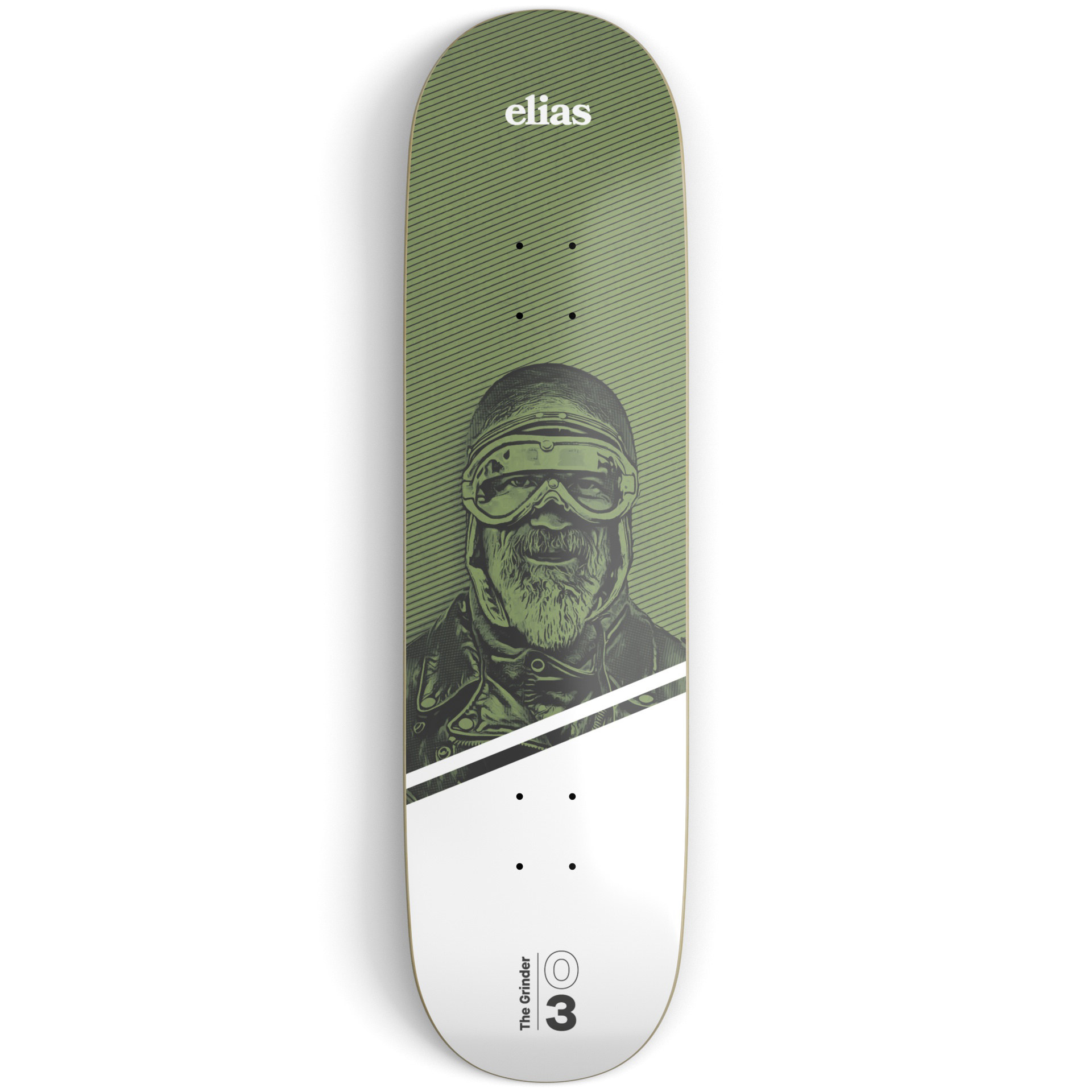 Green and white skateboard deck on a light grey surface printed with an illustration of an old fashion aviator and white and black text
