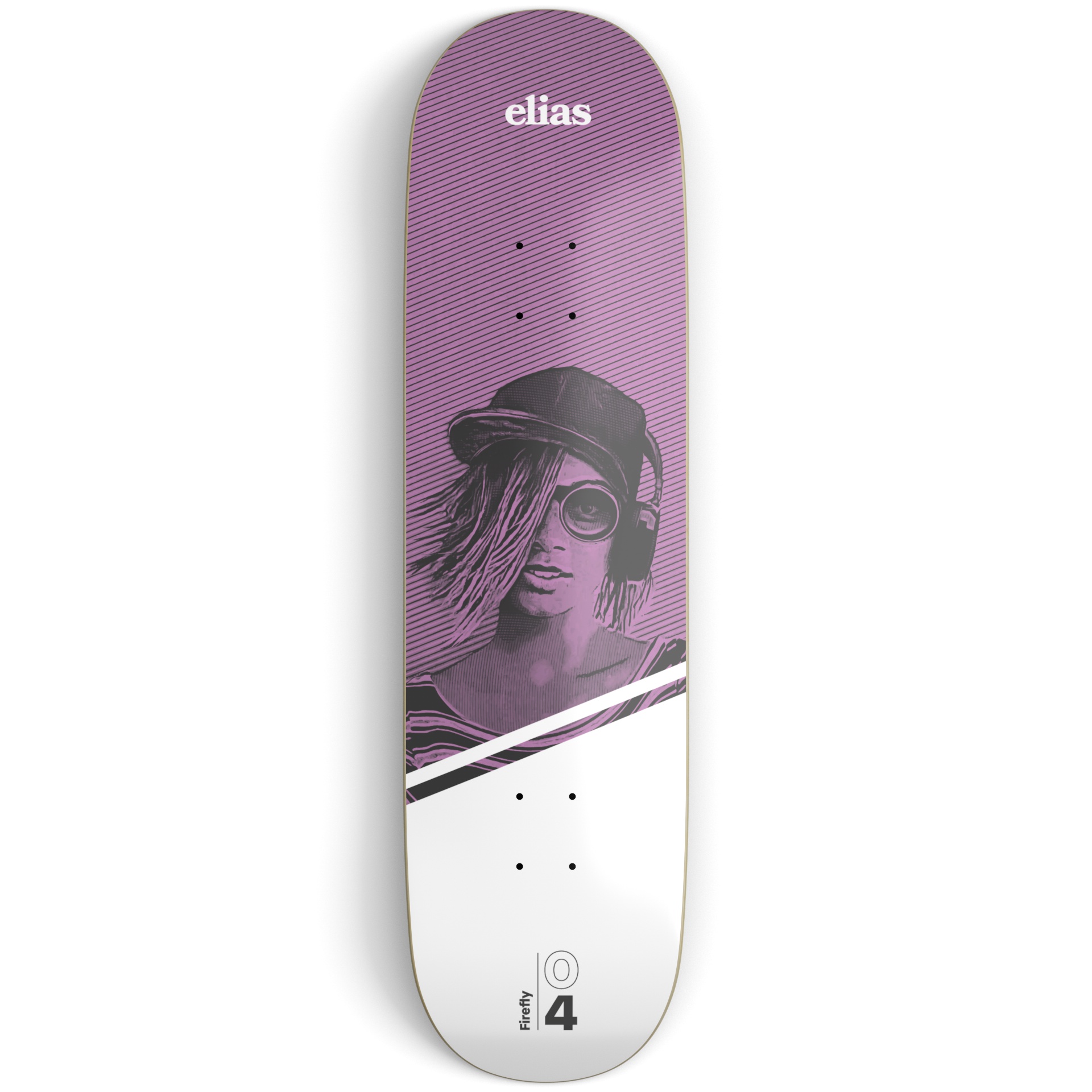 Purple and white skateboard deck on a light grey surface printed with an illustration of a girl wearing headphones and white and black text