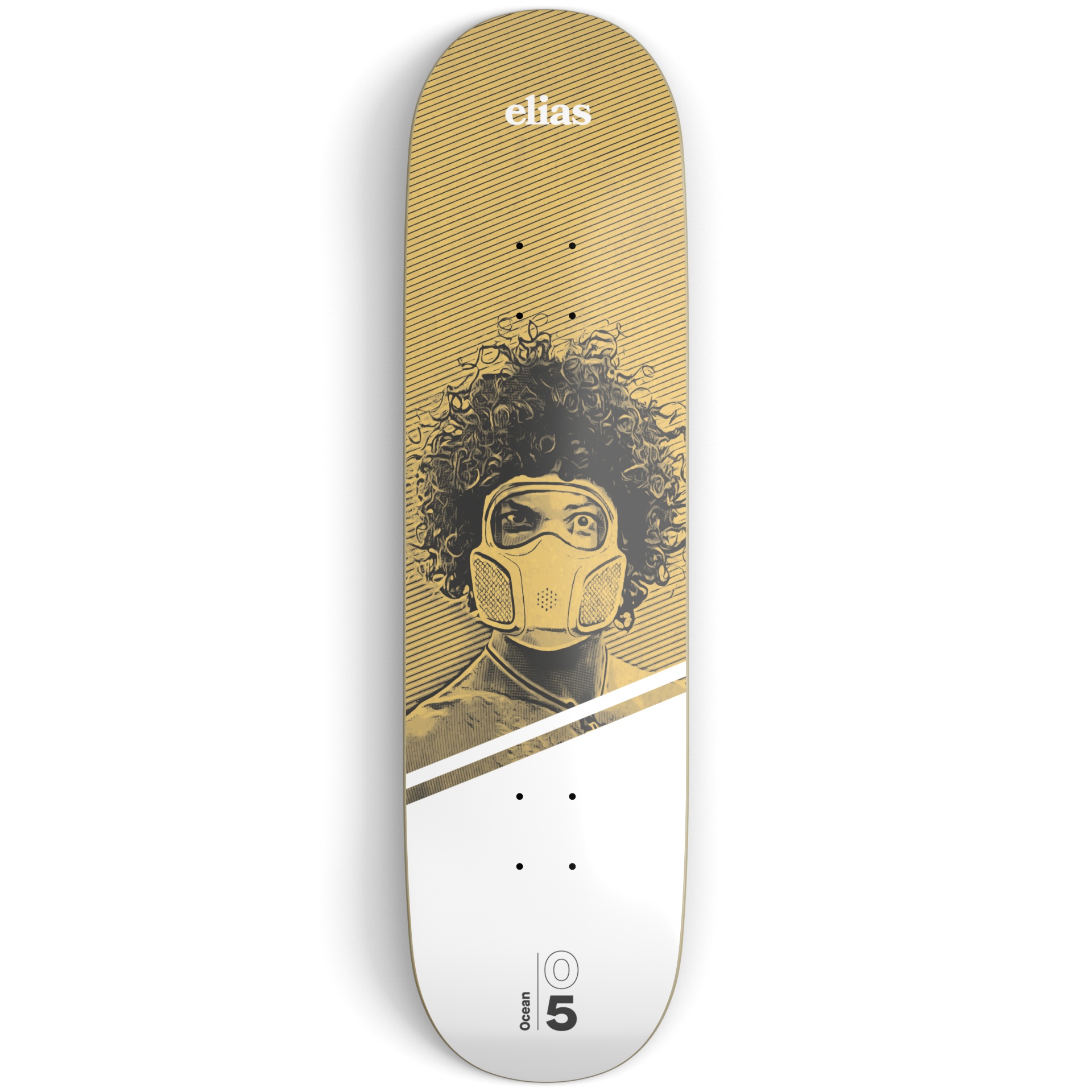 Yellow and white skateboard deck on a light grey surface printed with an illustration of a guy wearing a gas mask and white and black text